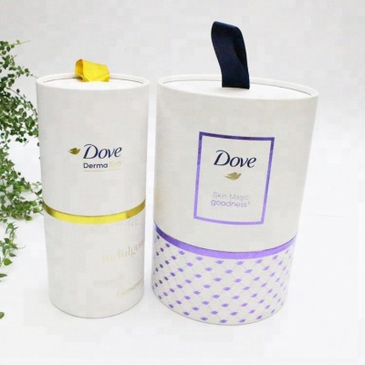 Promotional round craft paper gift tube with ribbon handle